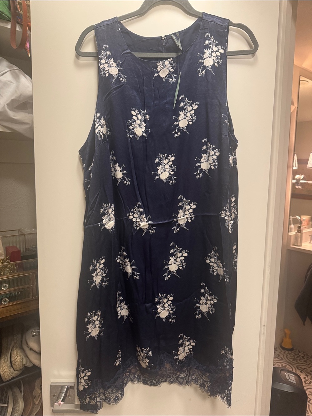 Maeve Navy Floral Sleeveless Mini Dress with Lace Hem